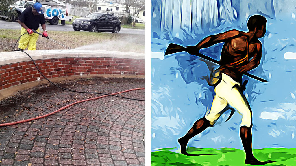 a photo of a man pressure washing a brick bench next to stylized artwork of a slave holding a gun