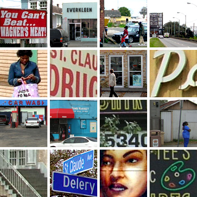 a grid of tightly cropped square photos of various buildings, signage and people in the neighborhood