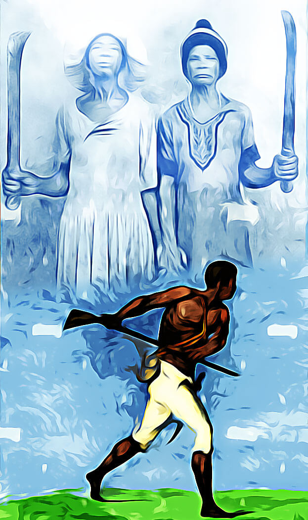stylized artowrk of an enslaved shirtless man holding a rifle, two ghostly enslaved women are in the sky above and behind him, each holding a machete