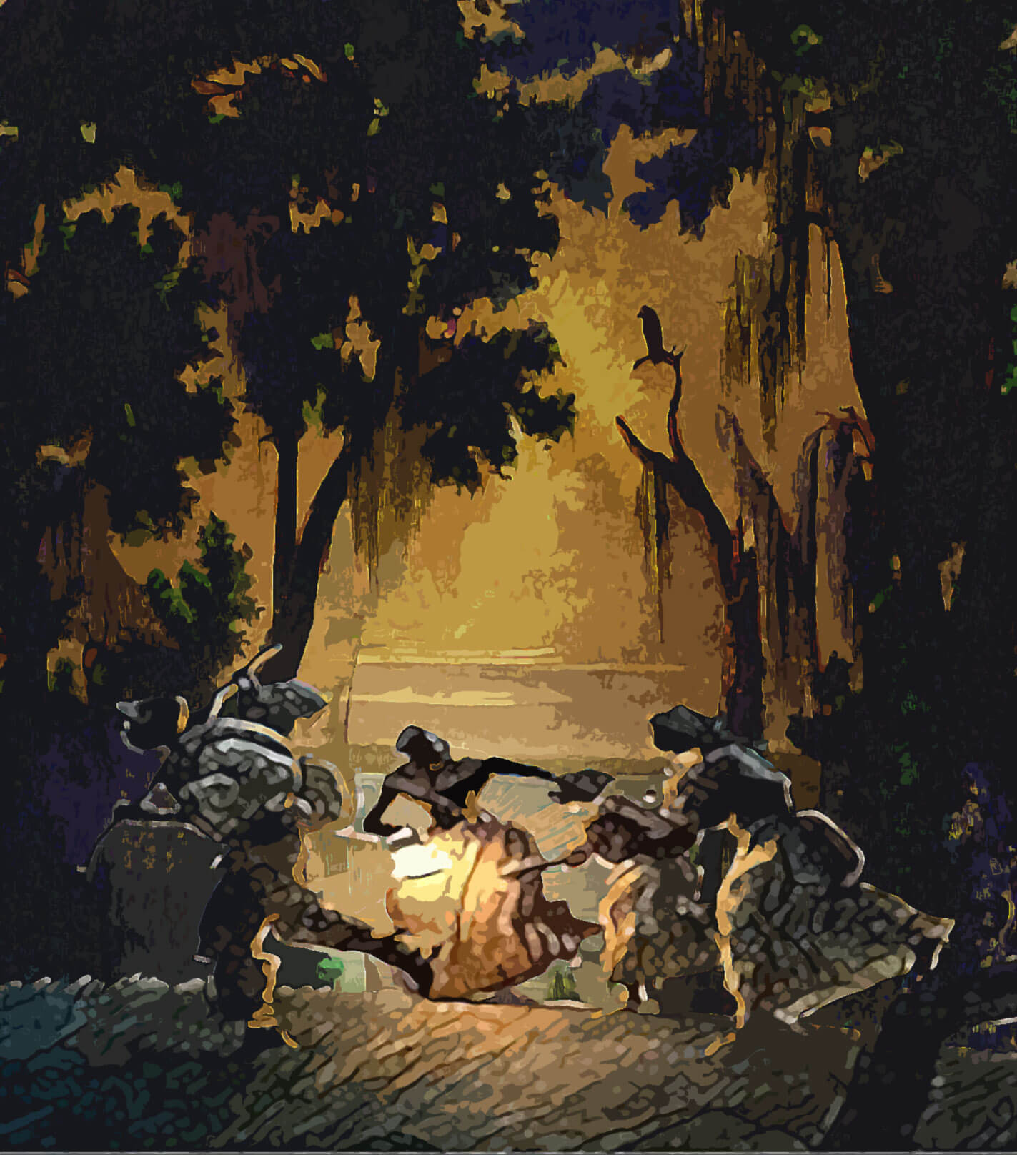 stylized artwork depicting slaves running through the swamp in the night