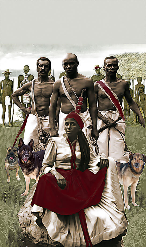 stylized artwork of a woman wearing a white dress with a red apron sitting in front of three shirtless attendants each holding a leash with a dog at the end