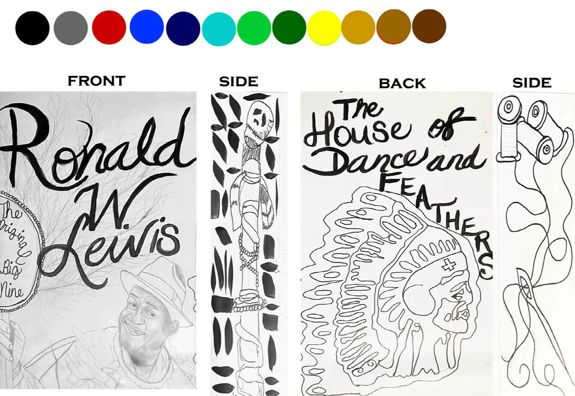 a series of color swatches above illustrations depicting the likeness of Ronald W. Lewis