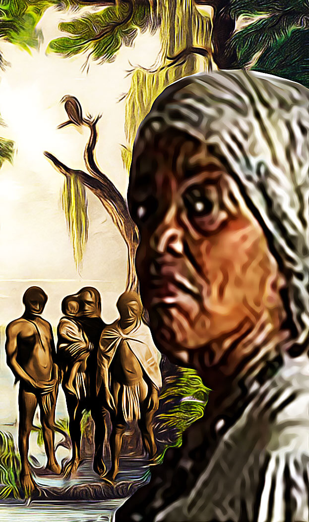 stylized artwork of slaves in a swamp