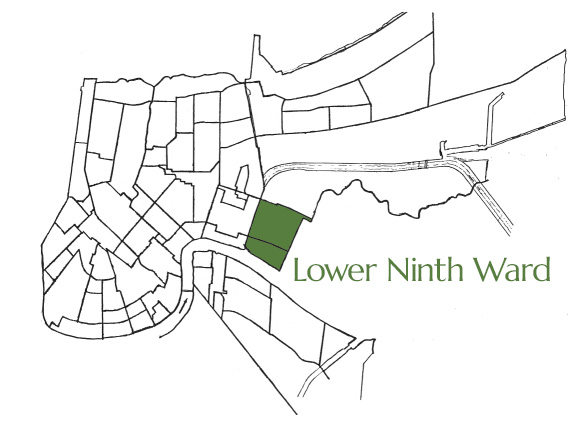 line drawing map of New Orleans, Louisiana with the Lower Ninth Ward neighborhood highlighted