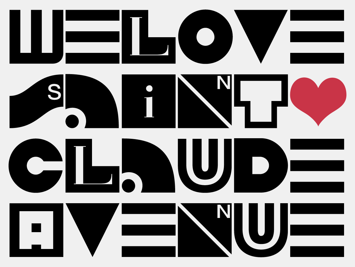 A grid of letters each in a different style with text that reads: "We Love Saint Claude Avenue" along with a red heart